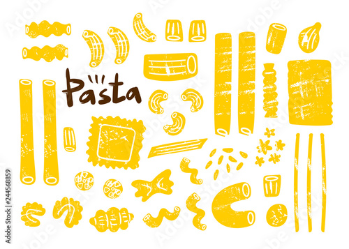 Various types of pasta. Hand drawn colored vector set. Transparent grunge  texture. All elements are isolated. Perfect for cooking books or menus