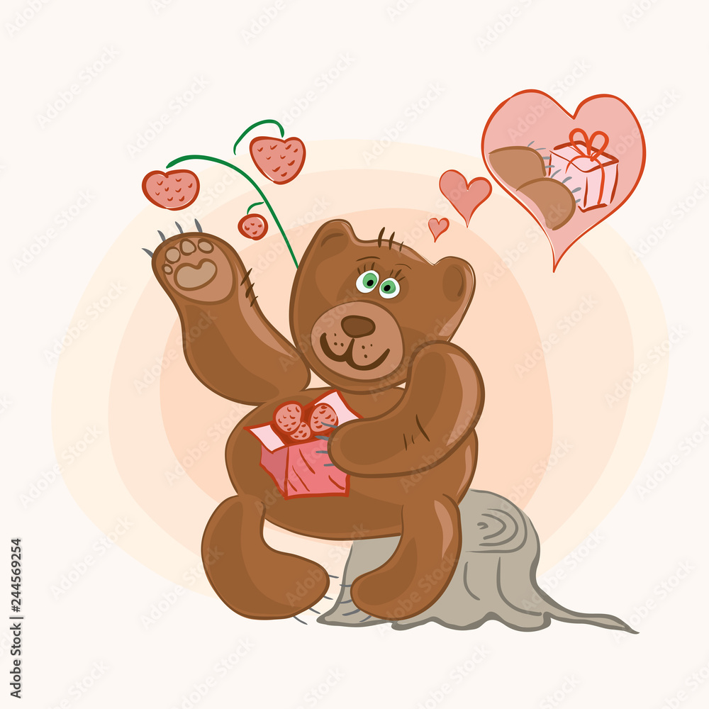 sweet gift Valentine. Vector cheerful bear puts wild berries in a box and dreams to give her sweet gift Valentine. Vector cheerful bear puts wild berries in a box and dreams to give her