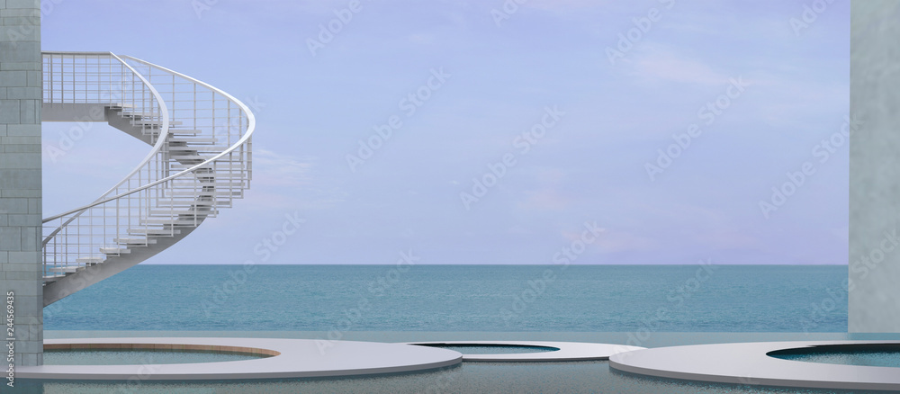 Lounge and reception Hall By the sea and the stairs to the sky view / 3d render