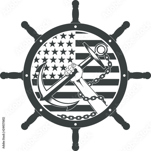 Hand with anchor and chain. American flag with steering wheel. Maritime logo.