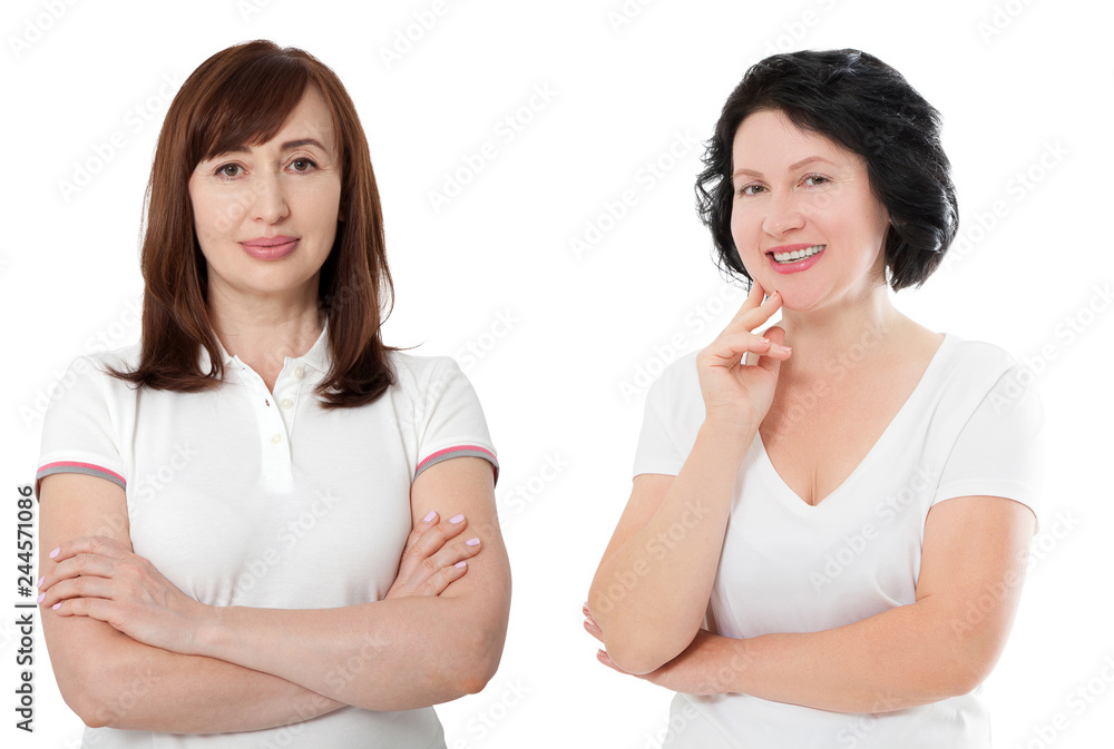 Happy middle age women in summer blank template t shirt isolated on white background. Copy space. Collage and set. Beauty and skin care. Wrinkle face. Happy middle age women in summer blank template t shirt isolated on white background. Copy space. Collage and set. Beauty and skin care. Wrinkle face.