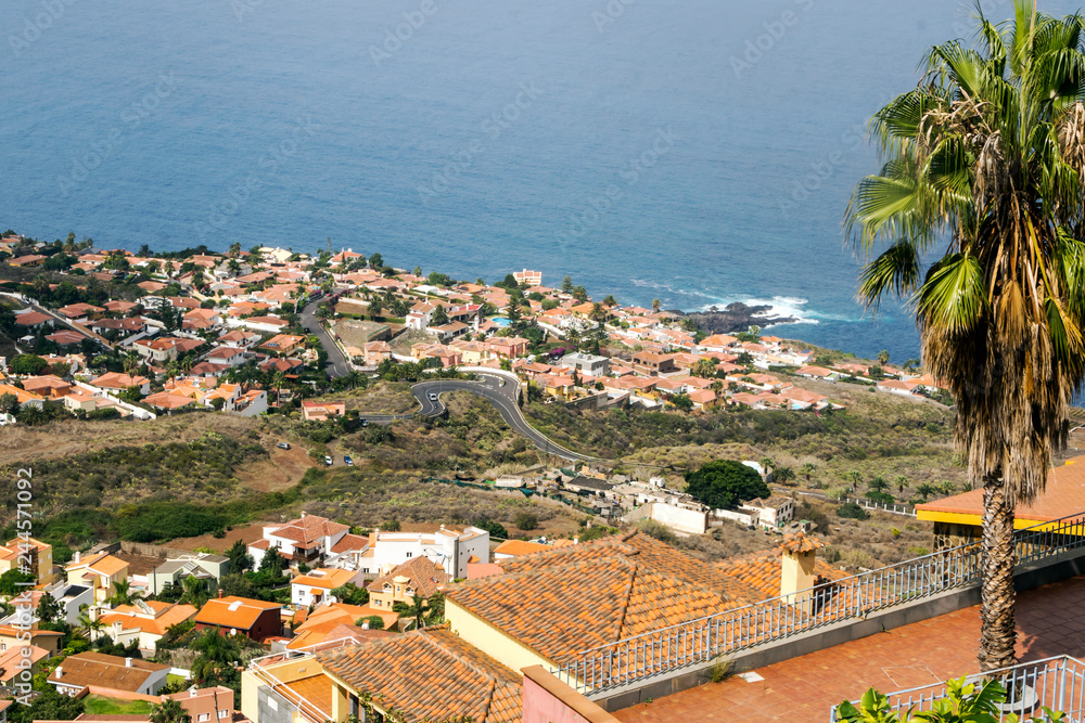 Aerial view of Sauzal on the Canary Island of Tenerife in Spain on a sunny day.