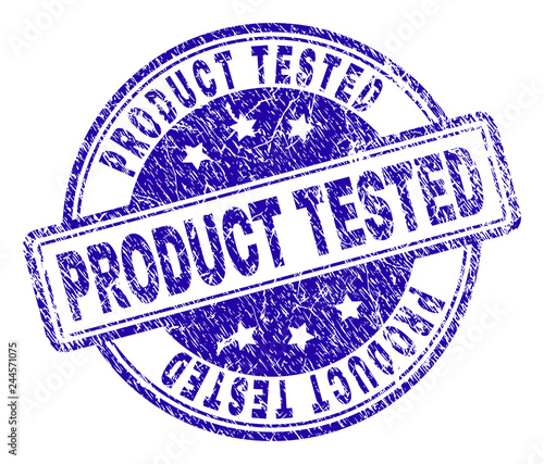 PRODUCT TESTED stamp seal watermark with grunge texture. Designed with rounded rectangles and circles. Blue vector rubber print of PRODUCT TESTED title with dirty texture.