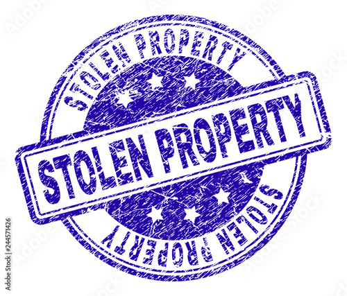 STOLEN PROPERTY stamp seal imprint with distress texture. Designed with rounded rectangles and circles. Blue vector rubber print of STOLEN PROPERTY label with scratched texture.