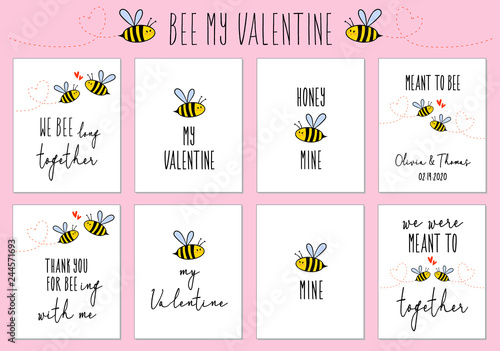 Valentine's day cards with cute bee, vector set