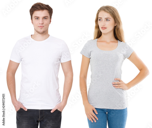 Woman and man in blank template t shirt isolated on white background. Guy and girl in tshirt with copy space and mock up for advertising. White and gray shirts. Front view