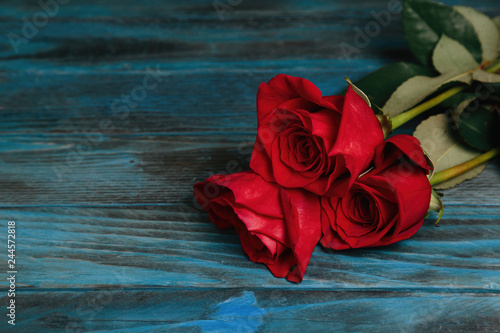 bouquet of red roses on a blue wooden background