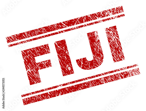 FIJI seal print with grunge style. Red vector rubber print of FIJI caption with unclean texture. Text title is placed between double parallel lines.