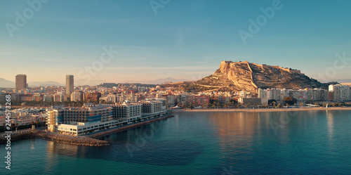 Aerial waterside drone point view Alicante cityscape. Spain