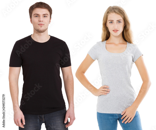 Woman and man in blank template t shirt isolated on white background. Guy and girl in tshirt with copy space and mock up for advertising. Black and gray shirts. Front view