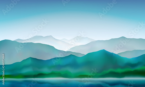 Mountain lake peaceful landscape, misty calm natural background. Blue mountain and hills landscape. Vector illustration.