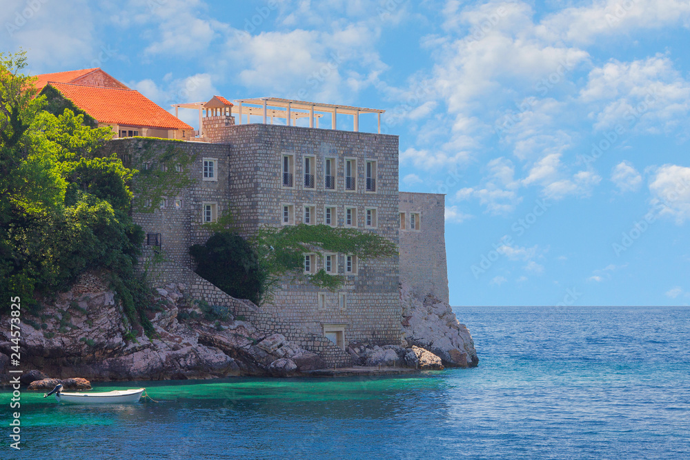 Part of the island of Sveti Stefan in Budva, photographed from the opposite shore. Montenegro