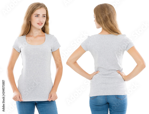 Close up of gray t shirt set. Woman in blank template tshirt with copy space isolated on white background. Front and rear view. Mock up