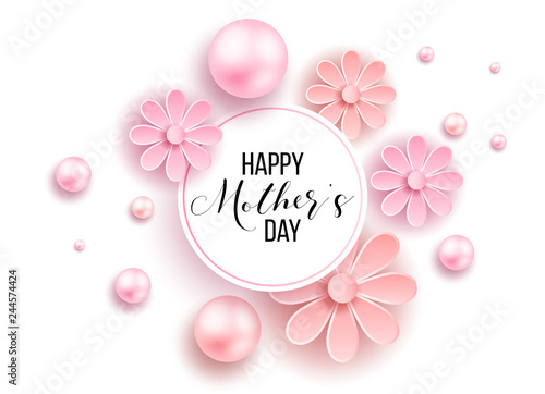 Happy mother's day layout design with roses, lettering, ribbon, frame, dotted background. Vector illustration.  Best mom / mum ever cute feminine design for menu, flyer, card, invitation.