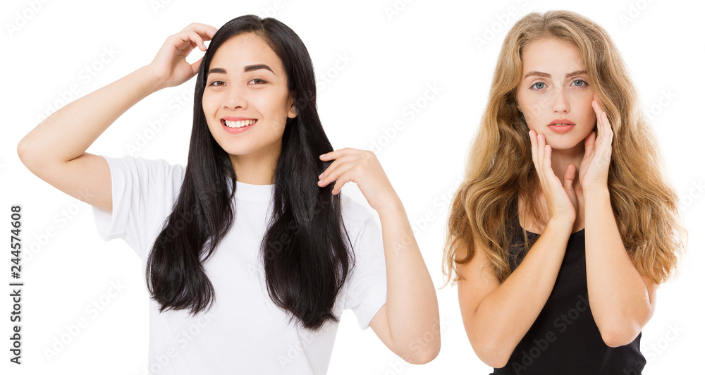 Young asian and caucasian women with healthy clean shiny hair isolated on white background. Skin care. Girl long hairstyle. Copy space Young asian and caucasian women with healthy clean shiny hair isolated on white background. Skin care. Girl long hairstyle. Copy space