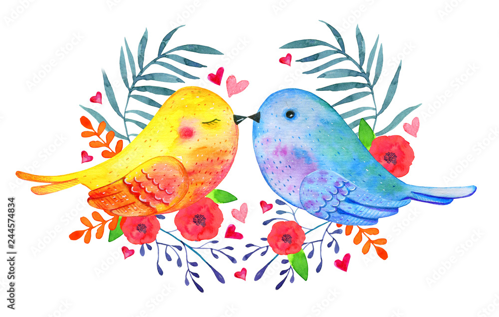 Kissing love birds couple with decorative flowers. Watercolor hand drawn illustration