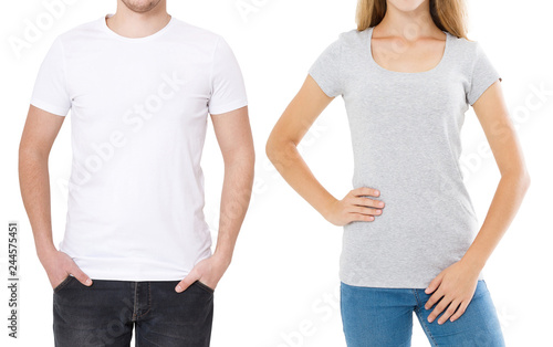 Woman and man in blank template t shirt isolated on white background. Guy and girl in tshirt with copy space and mock up for advertising. White and gray shirts. Front view