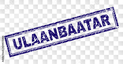 ULAANBAATAR stamp seal print with rubber print style and double framed rectangle shape. Stamp is placed on a transparent background. Blue vector rubber print of ULAANBAATAR title with unclean texture.