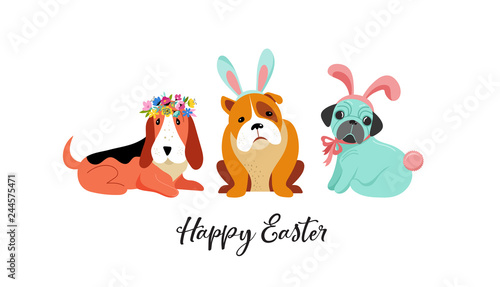 Happy Easter card, with dogs wearing bunny costumes