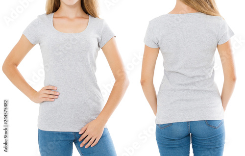 Close up of gray t shirt set. Woman in blank template tshirt with copy space isolated on white background. Front and rear view. Mock up