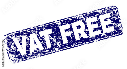 VAT FREE stamp seal print with grunge style. Seal shape is a rounded rectangle with frame. Blue vector rubber print of VAT FREE text with unclean style.