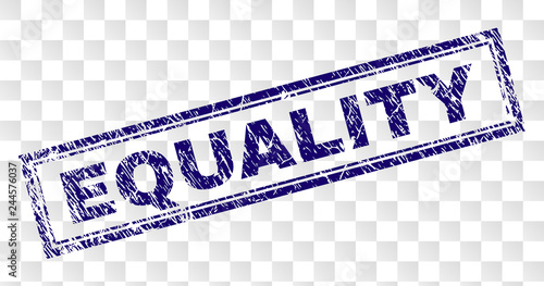 EQUALITY stamp seal print with rubber print style and double framed rectangle shape. Stamp is placed on a transparent background. Blue vector rubber print of EQUALITY caption with unclean texture.