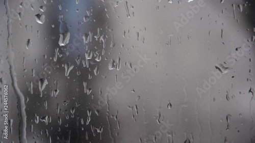 Rain drops sliding on window glass.