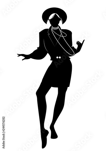 Silhouette of woman dancing new wave music wearing clothes in the style of the 80s isolated on white background