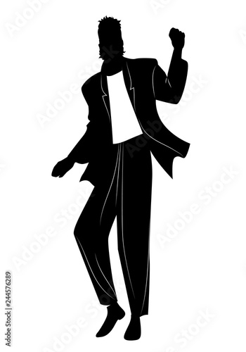 Silhouette of man dancing new wave music wearing clothes in the style of the 80s isolated on white background
