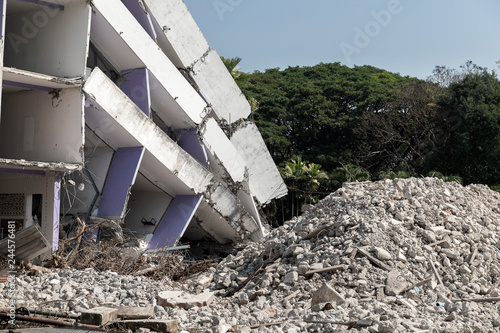 Debris and destroyed building that collapsed from the earthquake.