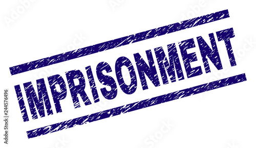 IMPRISONMENT seal watermark with grunge style. Blue vector rubber print of IMPRISONMENT text with retro texture. Text title is placed between parallel lines.
