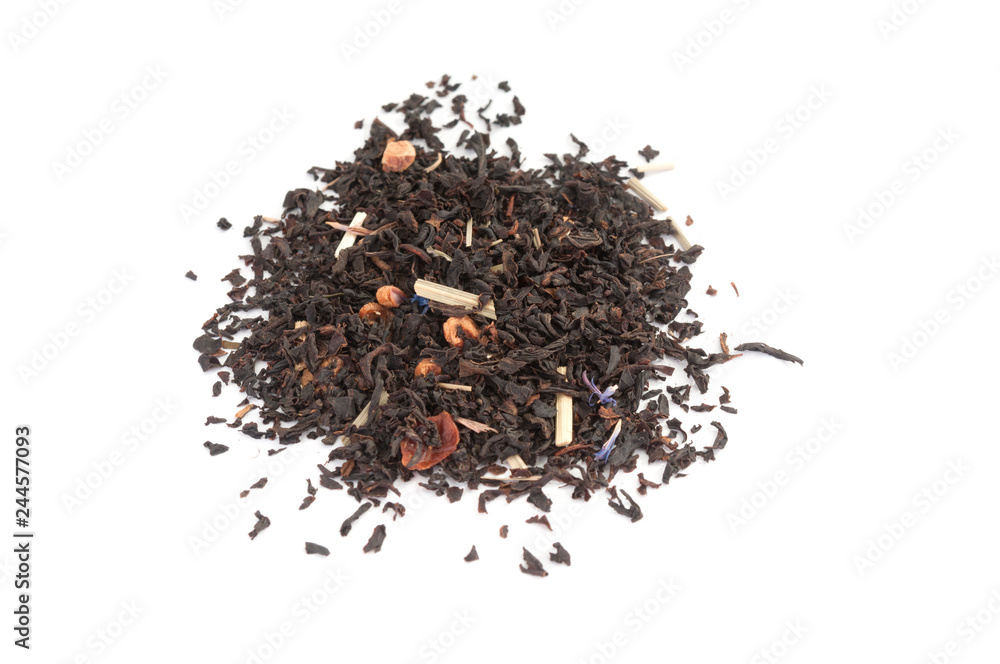 Dry black tea leaves on white background Dry black tea leaves on white background