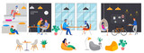 Co-working space, concept illustration. Young people working on laptops and computers on shared modern office workplace. Vector flat style illustration