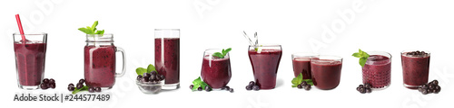 Set of delicious acai juice in different glassware on white background photo