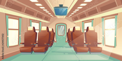 Vector illustration with a cabin of a train, seats with brown leather and TV. Bright salon with an aisle in express, empty business places. Comfortable armchairs in railway carriage for journey, trip