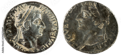 Ancient Roman silver denarius coin of Emperor Tiberius. Reverse incuse of obverse.