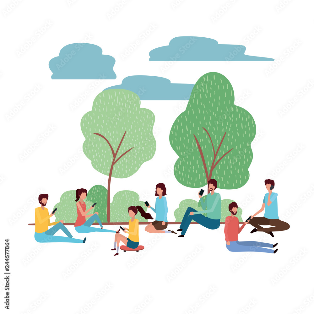 group of people with smartphone in landscape character