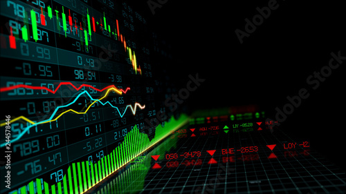 3D rendering of stock indexes in virtual space. Economic growth  recession