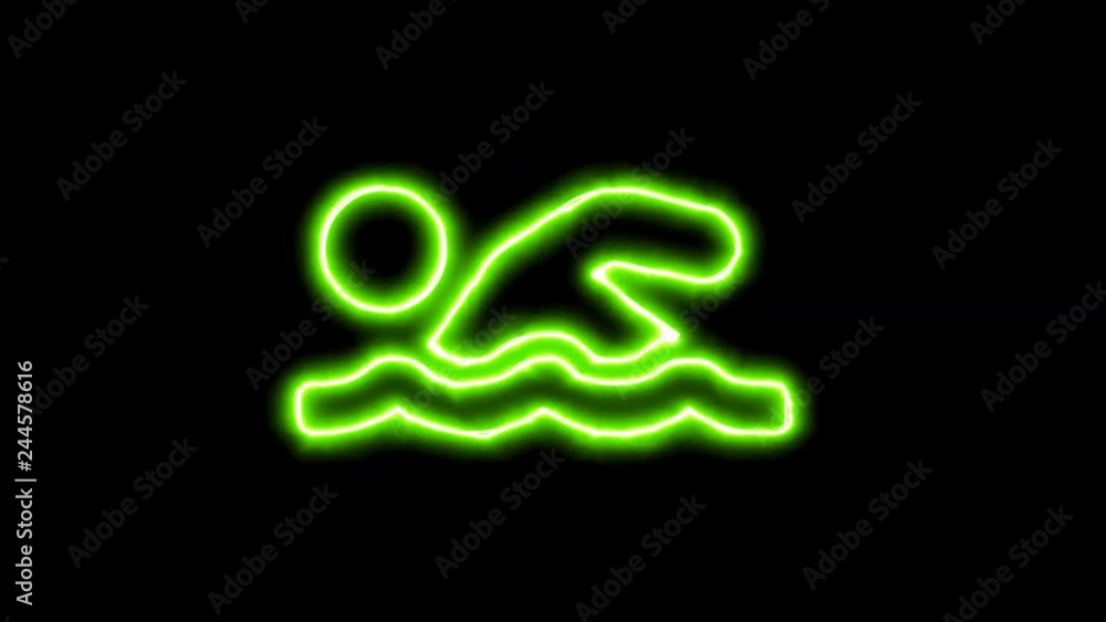 The appearance of the green neon symbol swimmer. Flicker, In - Out. Alpha channel Premultiplied - Matted with color black The appearance of the green neon symbol swimmer. Flicker, In - Out. Alpha channel Premultiplied - Matted with color black