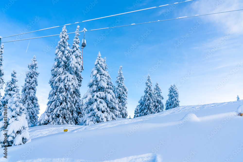 View of winter landscape with snow covered trees and Alps in Seefeld in the Austrian state of Tyrol. Winter in Austria View of winter landscape with snow covered trees and Alps in Seefeld in the Austrian state of Tyrol. Winter in Austria