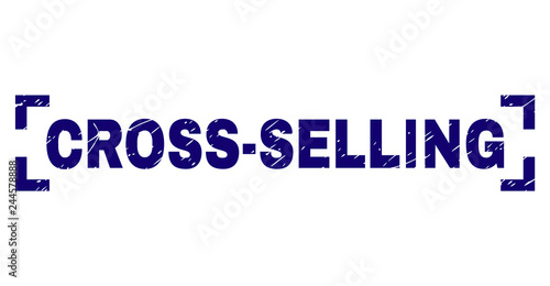 CROSS-SELLING tag seal print with grunge style. Text tag is placed inside corners. Blue vector rubber print of CROSS-SELLING with unclean texture.