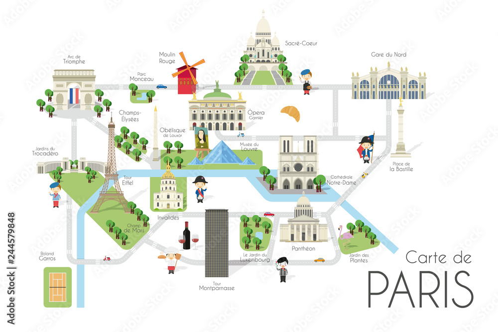 Cartoon Vector Map Of The City Of Paris France Travel Illustration 