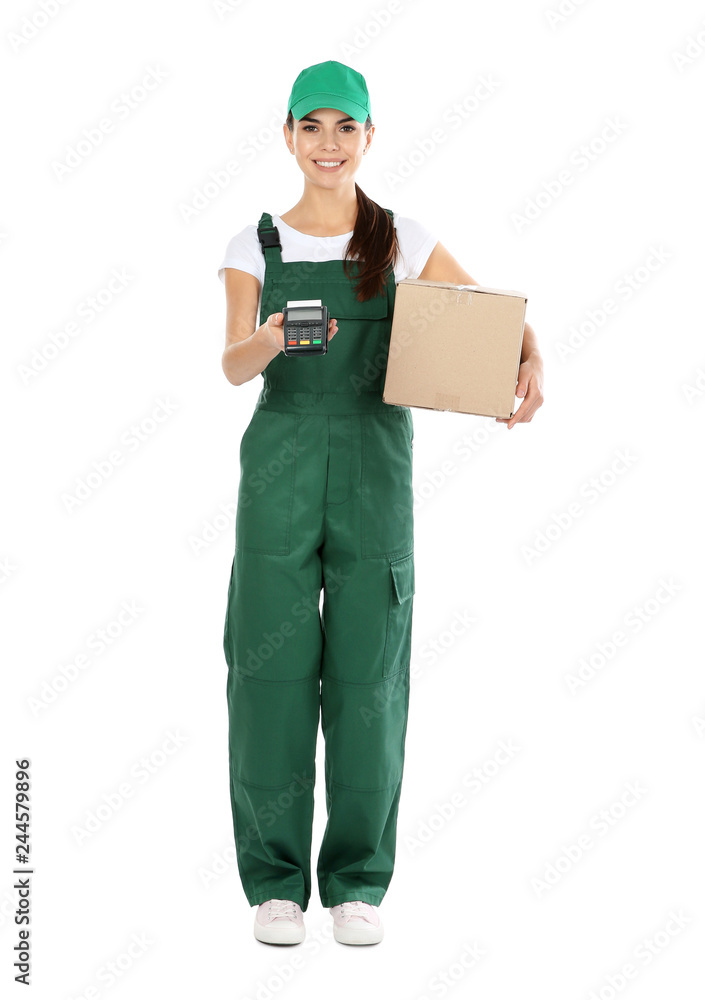 Female courier with parcel and payment terminal on white background. Space for text Female courier with parcel and payment terminal on white background. Space for text