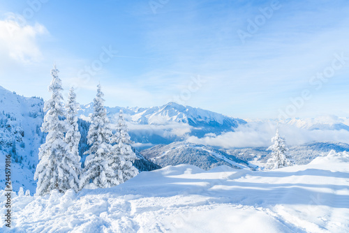 View of winter landscape with snow covered Alps in Seefeld in the Austrian state of Tyrol. Winter in Austria