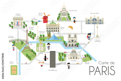 Cartoon vector map of the city of Paris, France. Travel illustration with landmarks and main attractions.