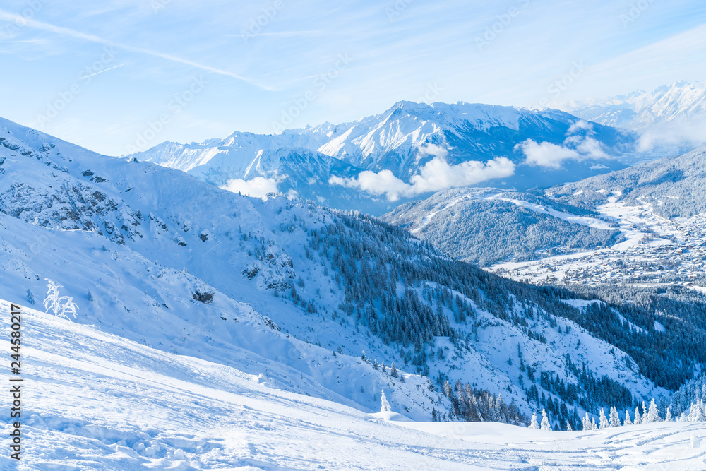 Obraz premium View of winter landscape with snow covered Alps in Seefeld in the Austrian state of Tyrol. Winter in Austria