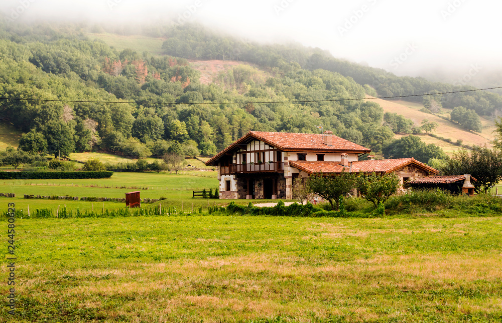 House in the forest with fields in the mountains of the Pyrenees of Navarra in Spain in a cloudy day.