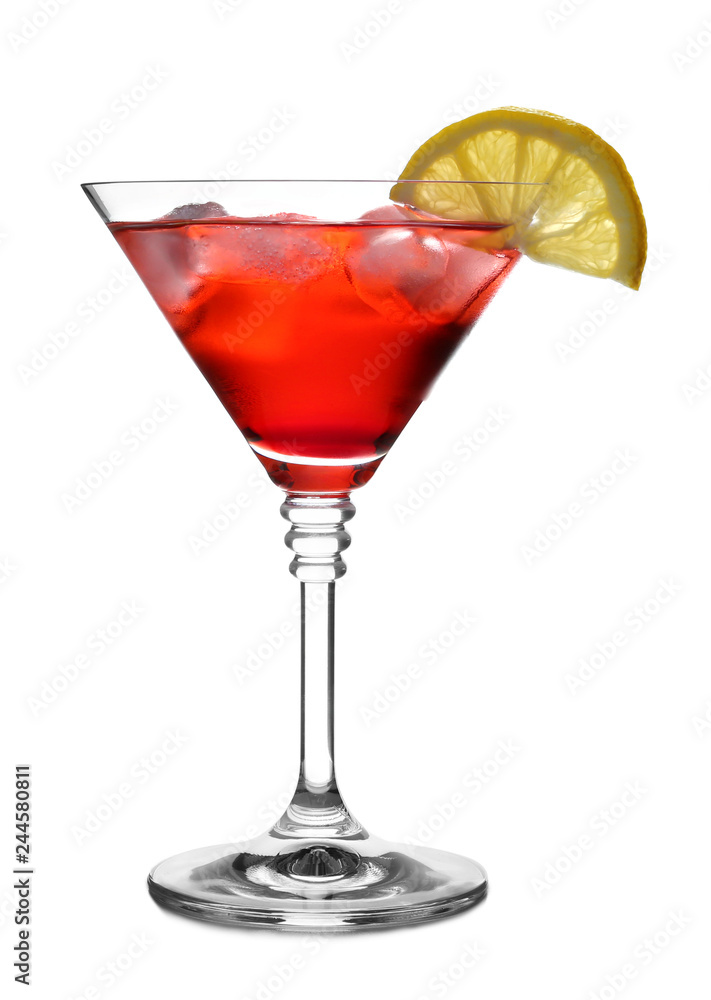 Glass of martini cocktail with lemon and ice cubes on white background