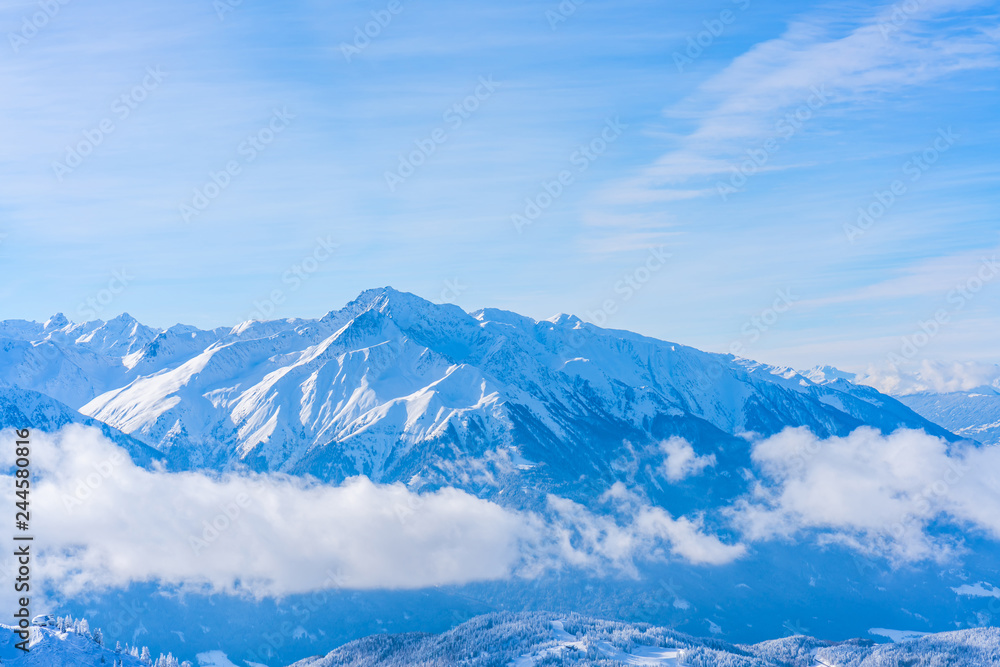View of winter landscape with snow covered Alps in Seefeld in the Austrian state of Tyrol. Winter in Austria View of winter landscape with snow covered Alps in Seefeld in the Austrian state of Tyrol. Winter in Austria