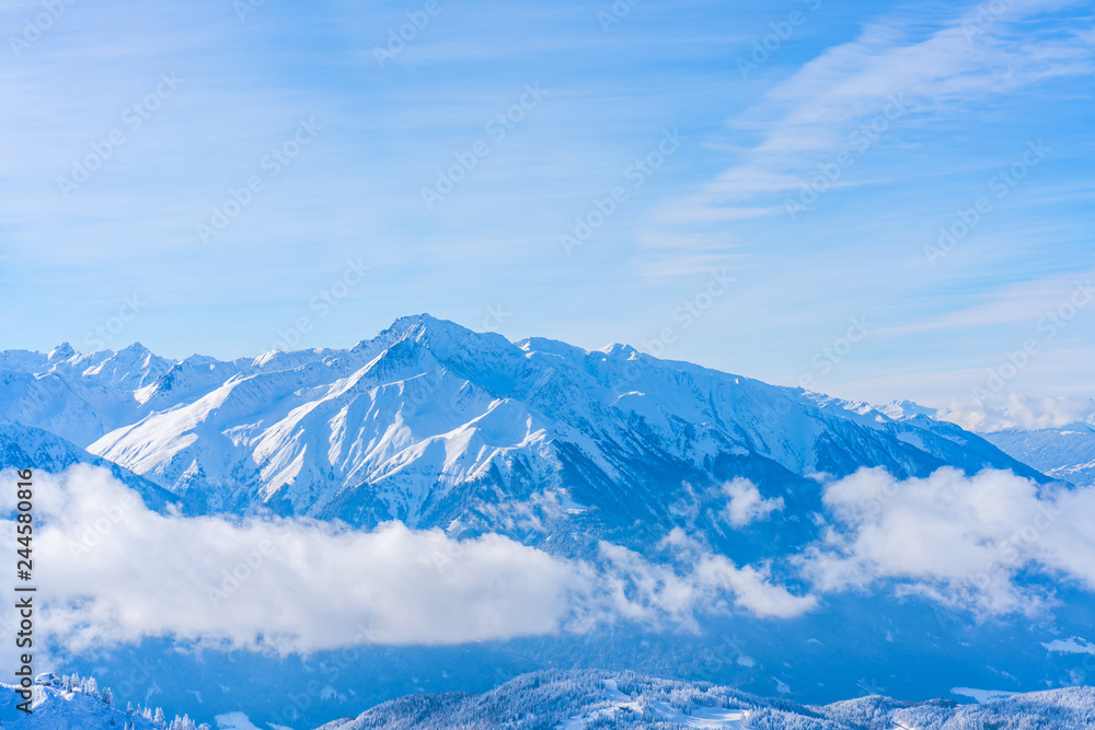 View of winter landscape with snow covered Alps in Seefeld in the Austrian state of Tyrol. Winter in Austria